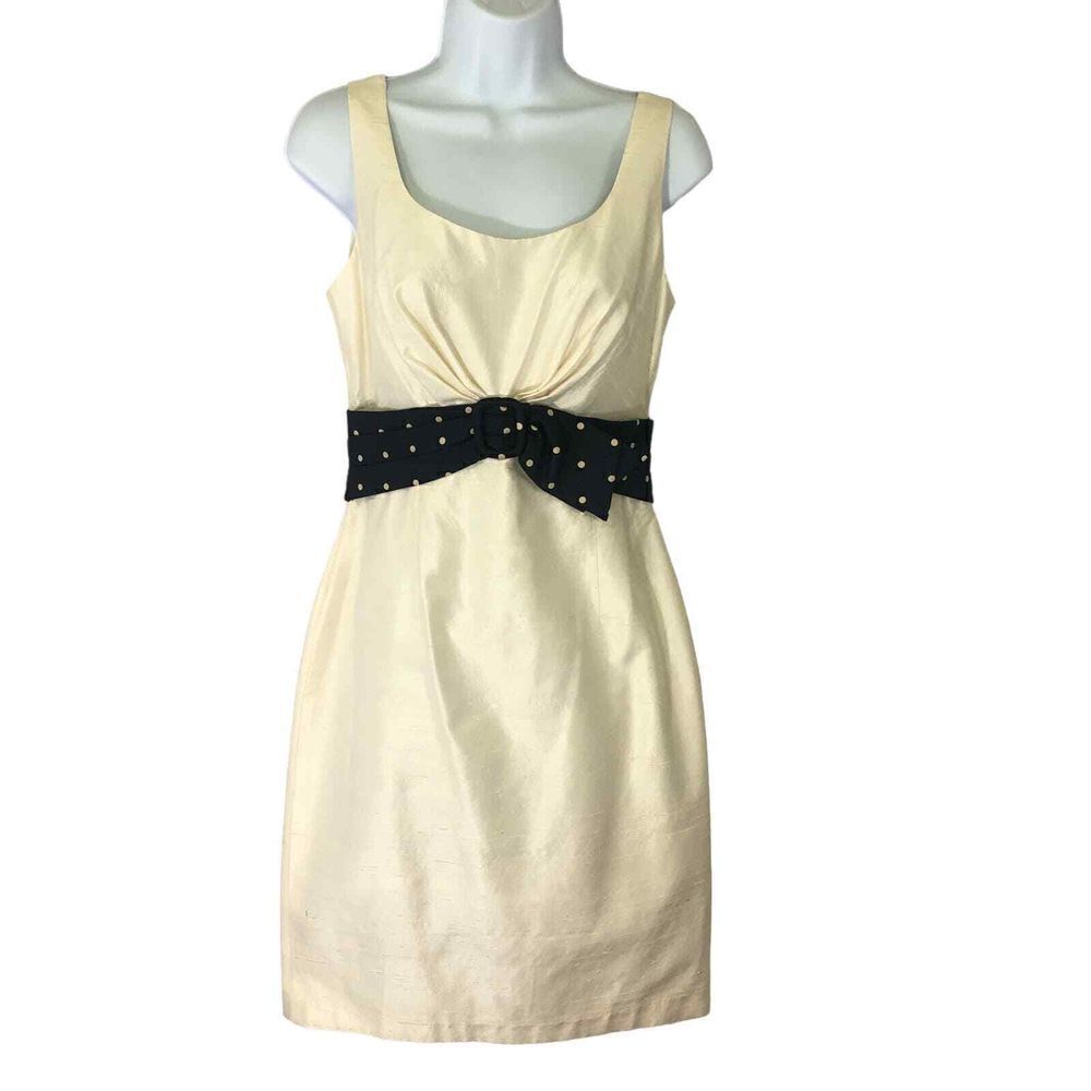 Kay Unger New York Cream Silk Polka Dot Bow Cocktail Dress Size 4 Sleeveless